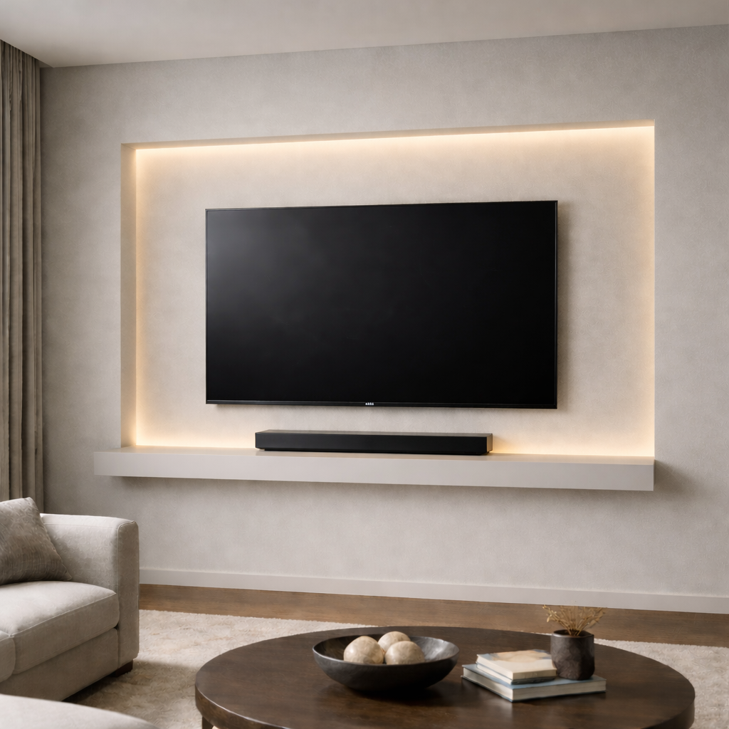 Minimalistische TV-Nische mit indirekter Beleuchtung.