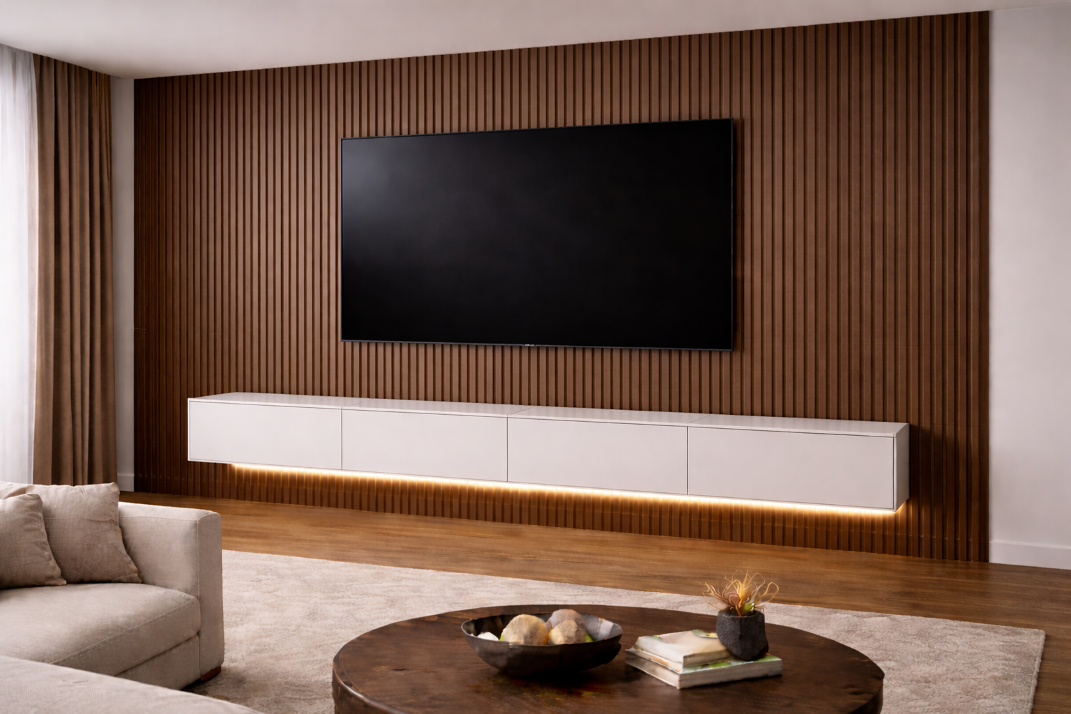 Warme Holzoptik mit horizontalem Lowboard und LED-Akzent.