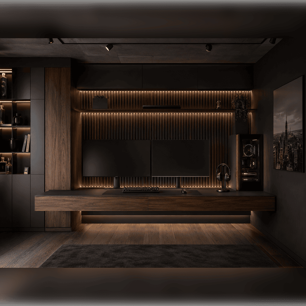 Premium Gaming Setup mit Steinoptik, Holzlamellen und LED-Beleuchtung