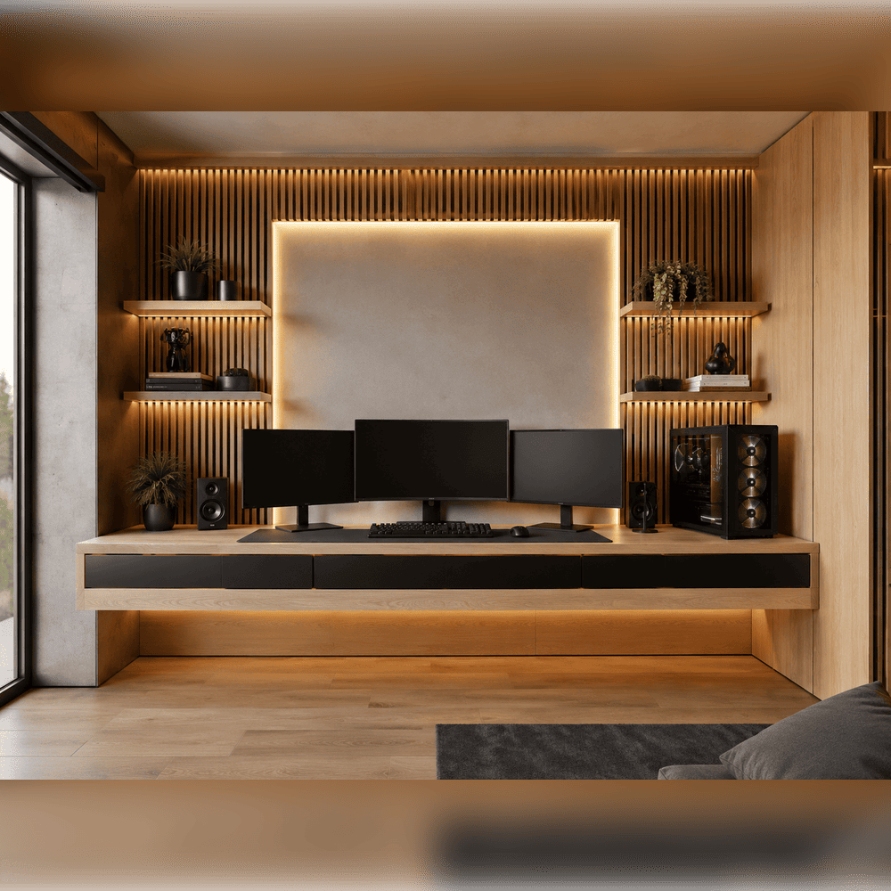 Comfort Gaming Setup mit hellem Holz, Regalen und LED-Wand