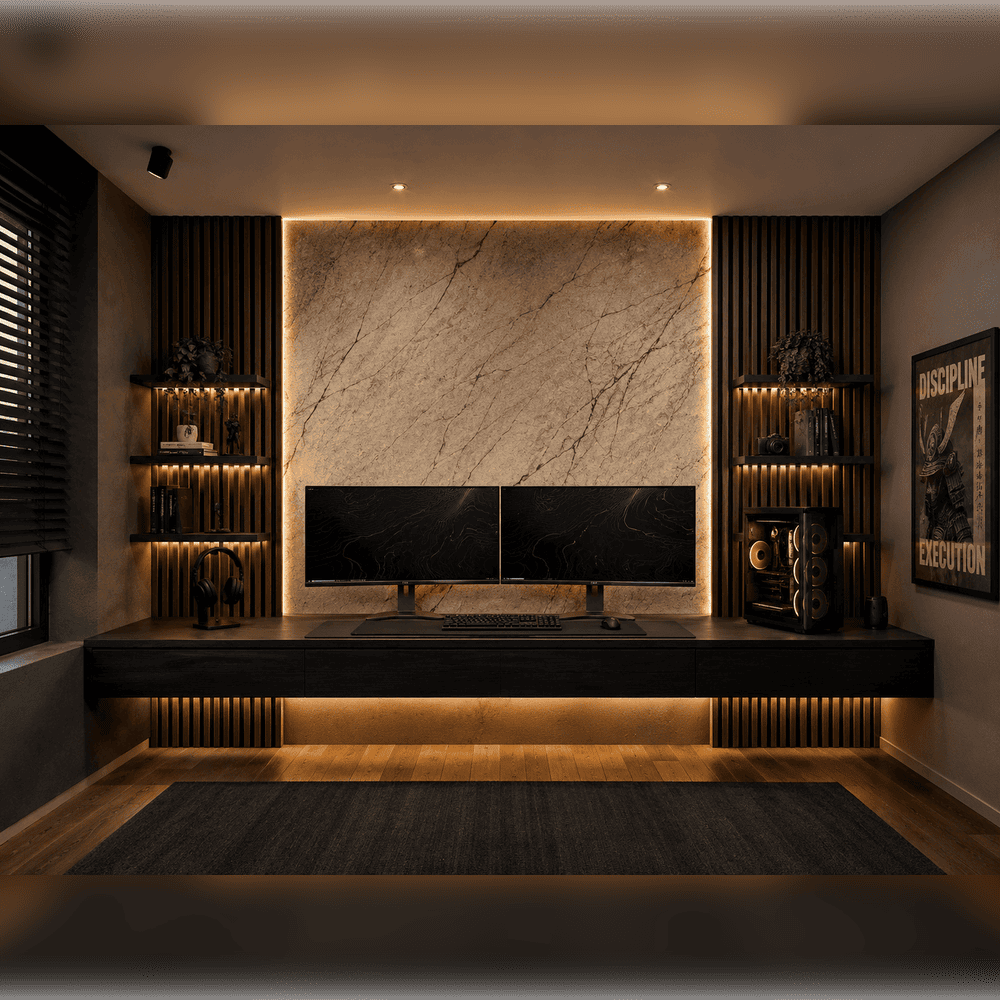 Dark Loft Gaming Setup mit Akustikpaneelen und LED-Beleuchtung