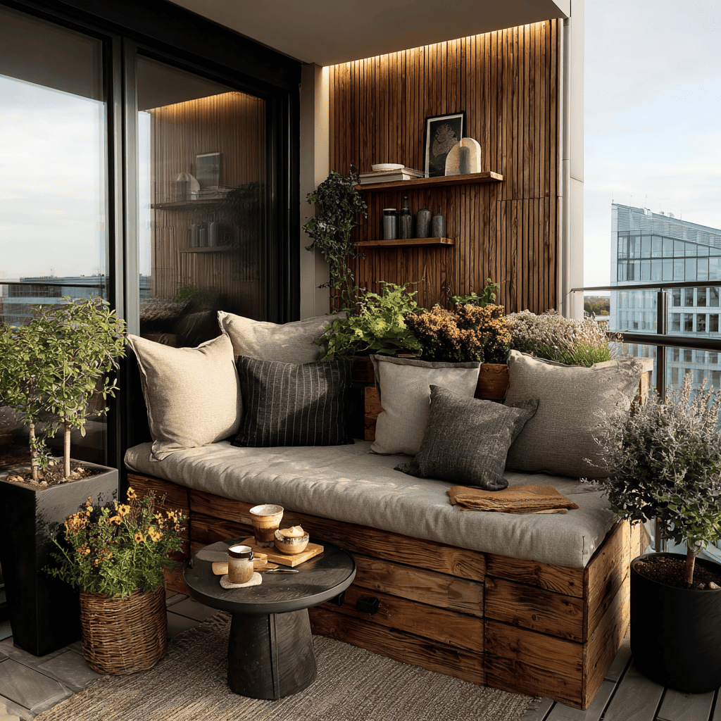 Balkon mit Holzlamellen und Pflanzen