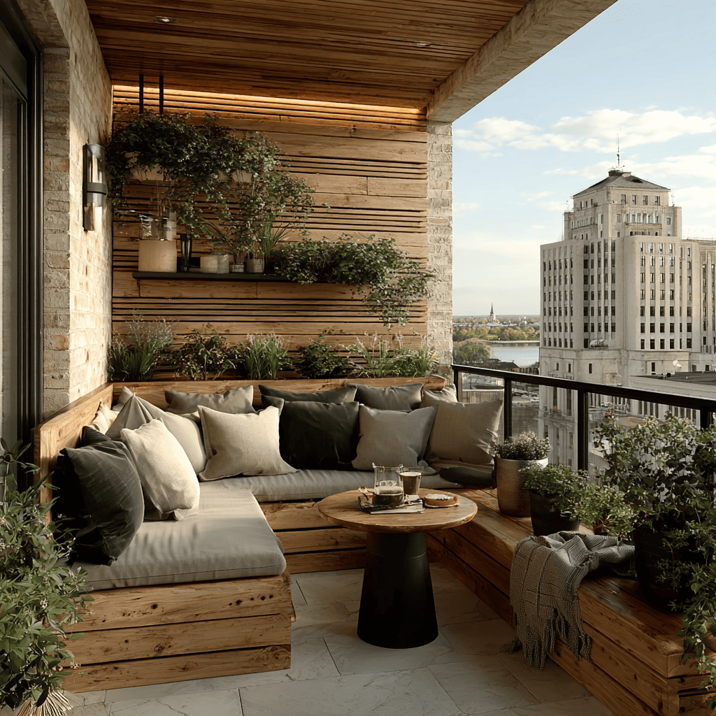 Balkon mit Holzverkleidung und Sitzbank
