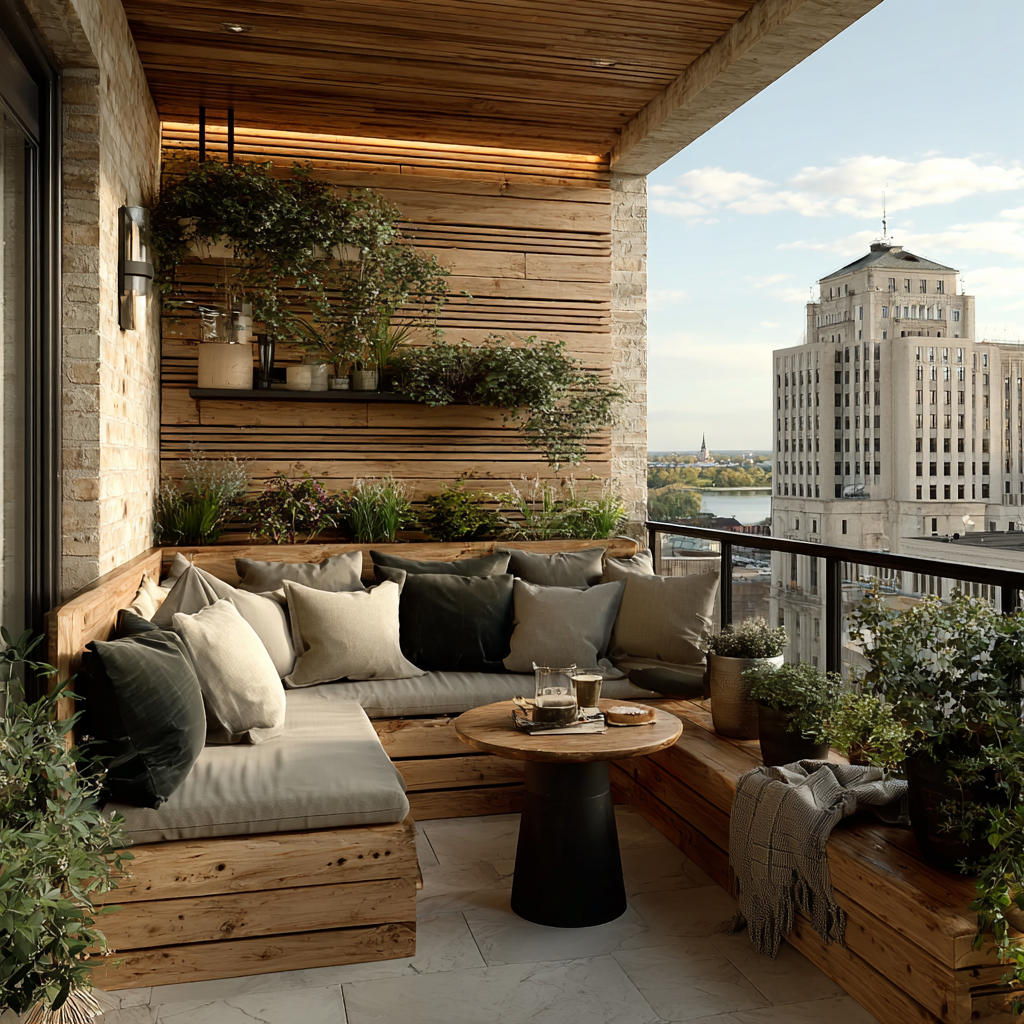 Alternative Lounge-Variante mit viel Holz und Stadtblick.